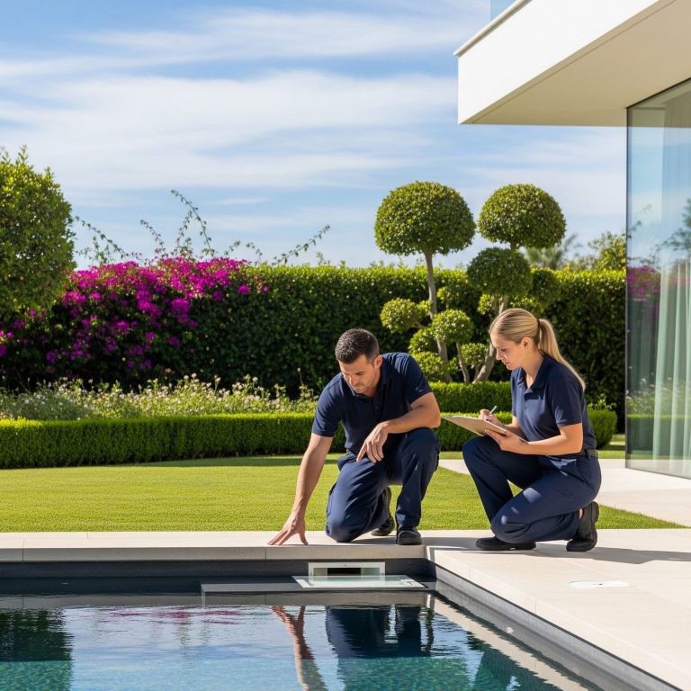 mantenimiento-piscina-villa-marbella Equipo de mantenimiento profesional revisando una piscina de lujo en una villa de Marbella.