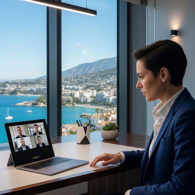 comunicacion-profesional-marbella Profesional en videollamada desde una oficina de lujo con vistas a Marbella.