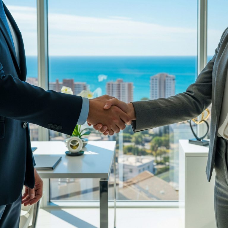 equipo-profesional-marbella Dos profesionales dándose la mano en una oficina con vistas a Marbella.