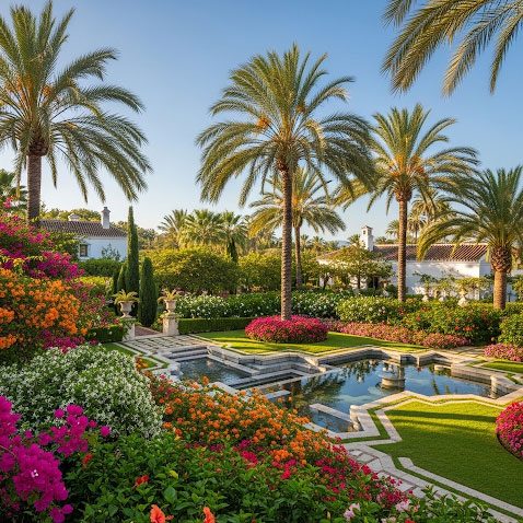 Jardín de lujo en villa de Marbella, con piscina y palmeras.