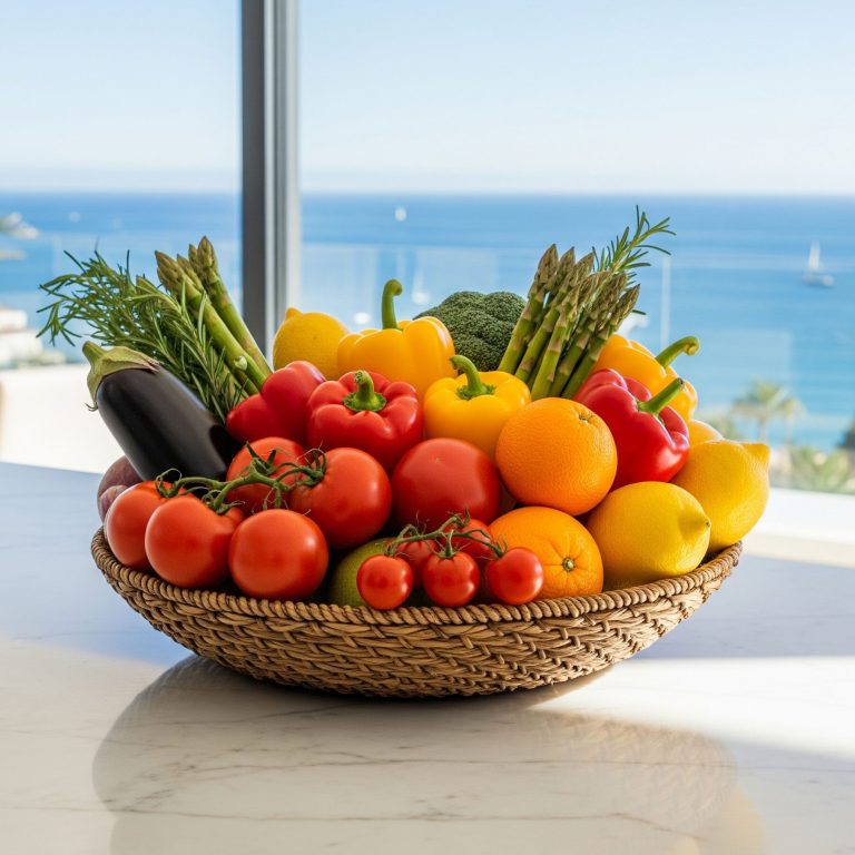 Cesta de frutas gourmet y productos frescos en una cocina de lujo en Marbella.
