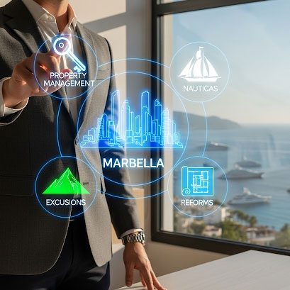 Profesional en oficina de lujo en Marbella gestionando servicios de concierge.